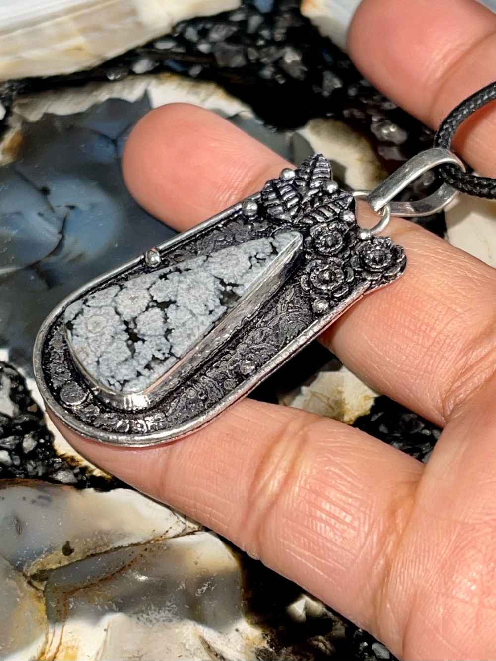 Lightweight Flowering Obsidian Crystal Pendant 2 1/4”